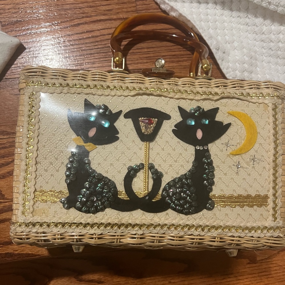 Vintage Wicker Satchel with Cat Design handbag bag purse